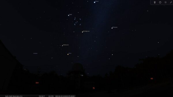 Flame Nebula on the 15/02/23 at 09:00pm. Image Credit: Stellarium