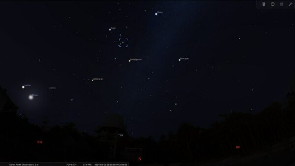 Flame Nebula on the 15/02/24 at 09:00pm. Image Credit: Stellarium