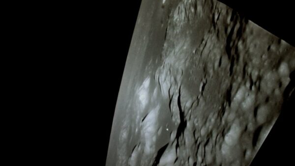 The Moon's surface from Apollo 11's Command Module Columbia. Image Credit: CNN Films/MacGillivray Freeman Films