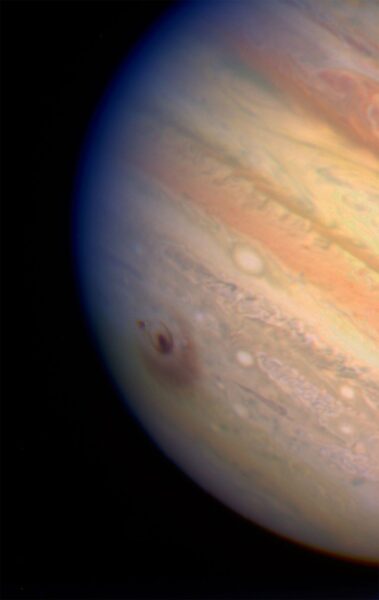 True colour image of  Jupiter, by NASA and ESA's Hubble Space Telescope, reveals the impact sites of fragments 'D' and 'G' from Comet Shoemaker-Levy 9. Image Credit: H. Hammel, MIT and NASA/ESA