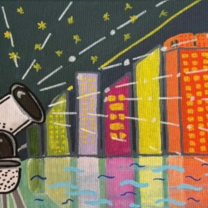 A telescope with the Perth CBD at night painting. Image Credit: Karin Duarte