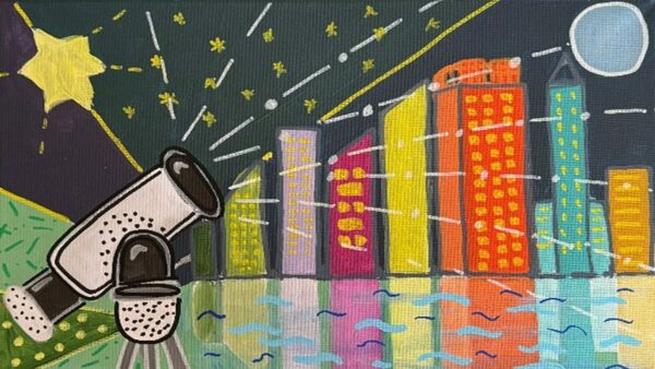 A telescope with the Perth CBD at night painting. Image Credit: Karin Duarte
